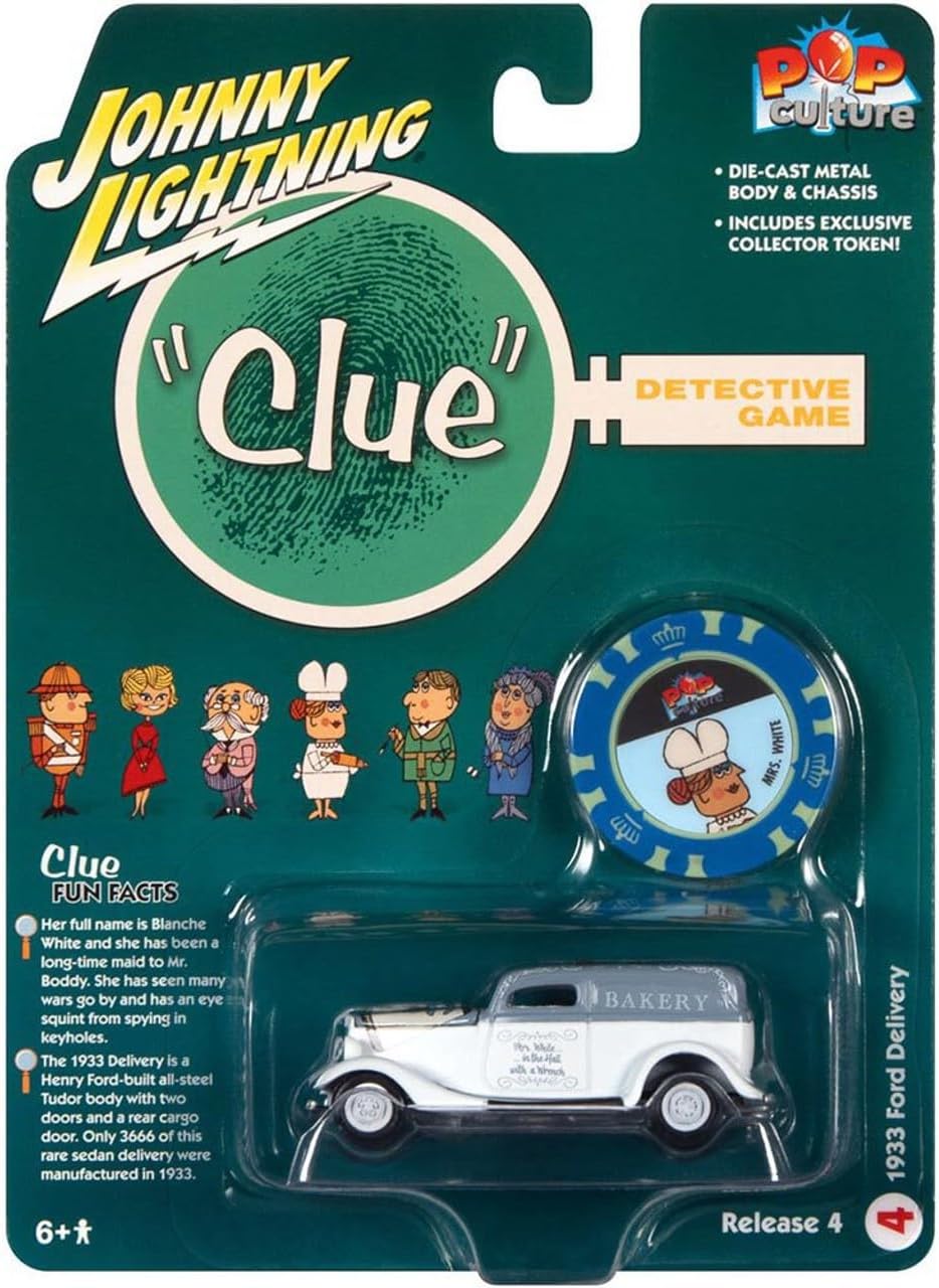 Johnny Lightning Pop Culture Release 4 Vintage Clue 1933 Ford Delivery Van Mrs. White avec jeton – Blanc avec toit gris – JLPC009-JLSP266