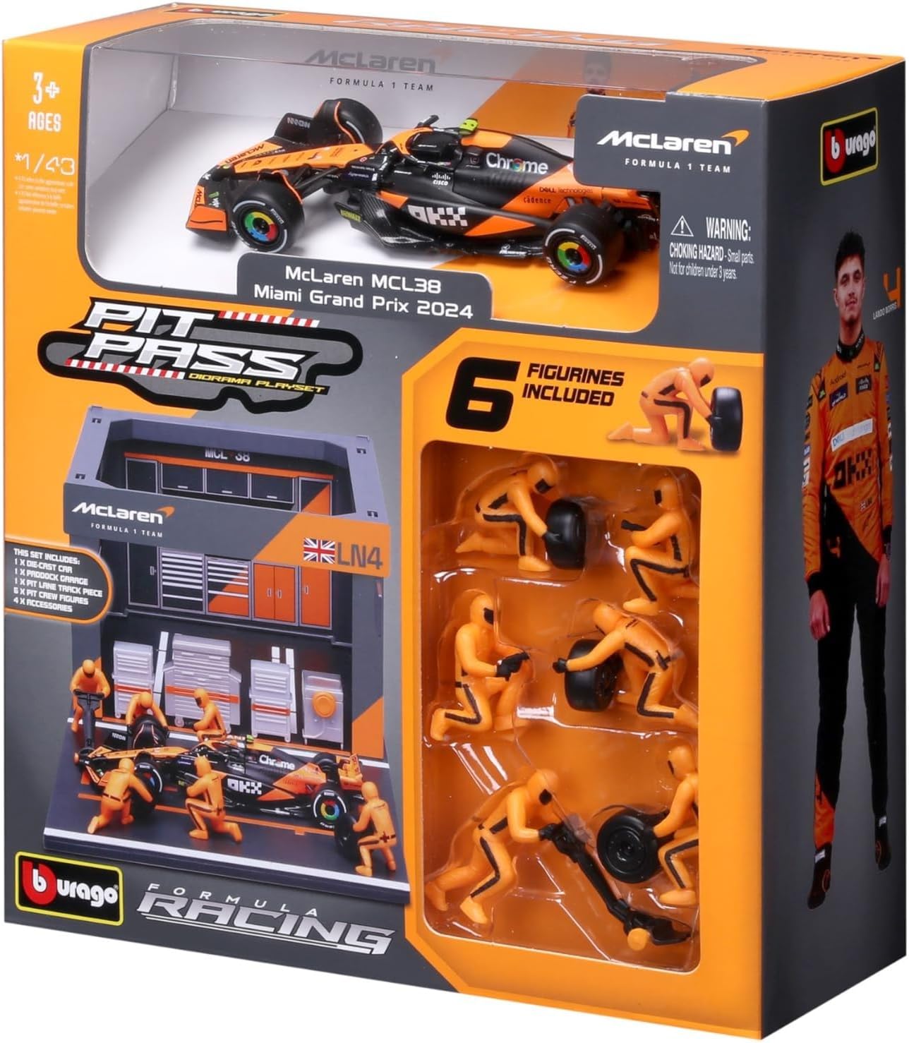 Bburago Diorama-1:43-2024 Formula Race McLaren MCL38 Pit Pass Paddock Set, Norris 