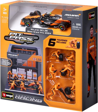Bburago Diorama-1:43-2024 Formula Race McLaren MCL38 Pit Pass Paddock Set, Norris 