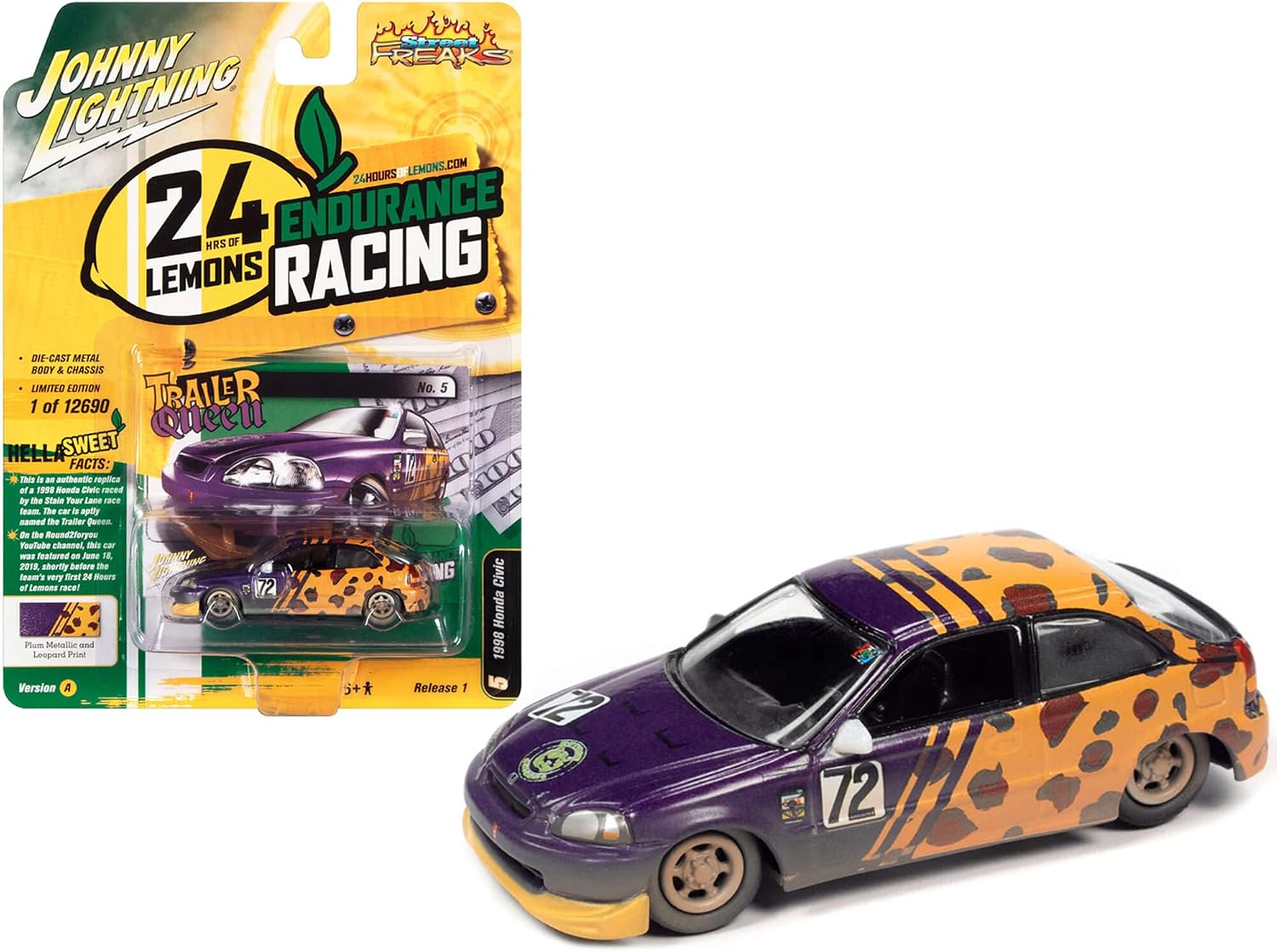 1998 Honda Civic Purple Metallic avec imprime leopard jaune - 24 Hours of Lemons - Johnny Lightning 1:64 - JLSF023-1A-5