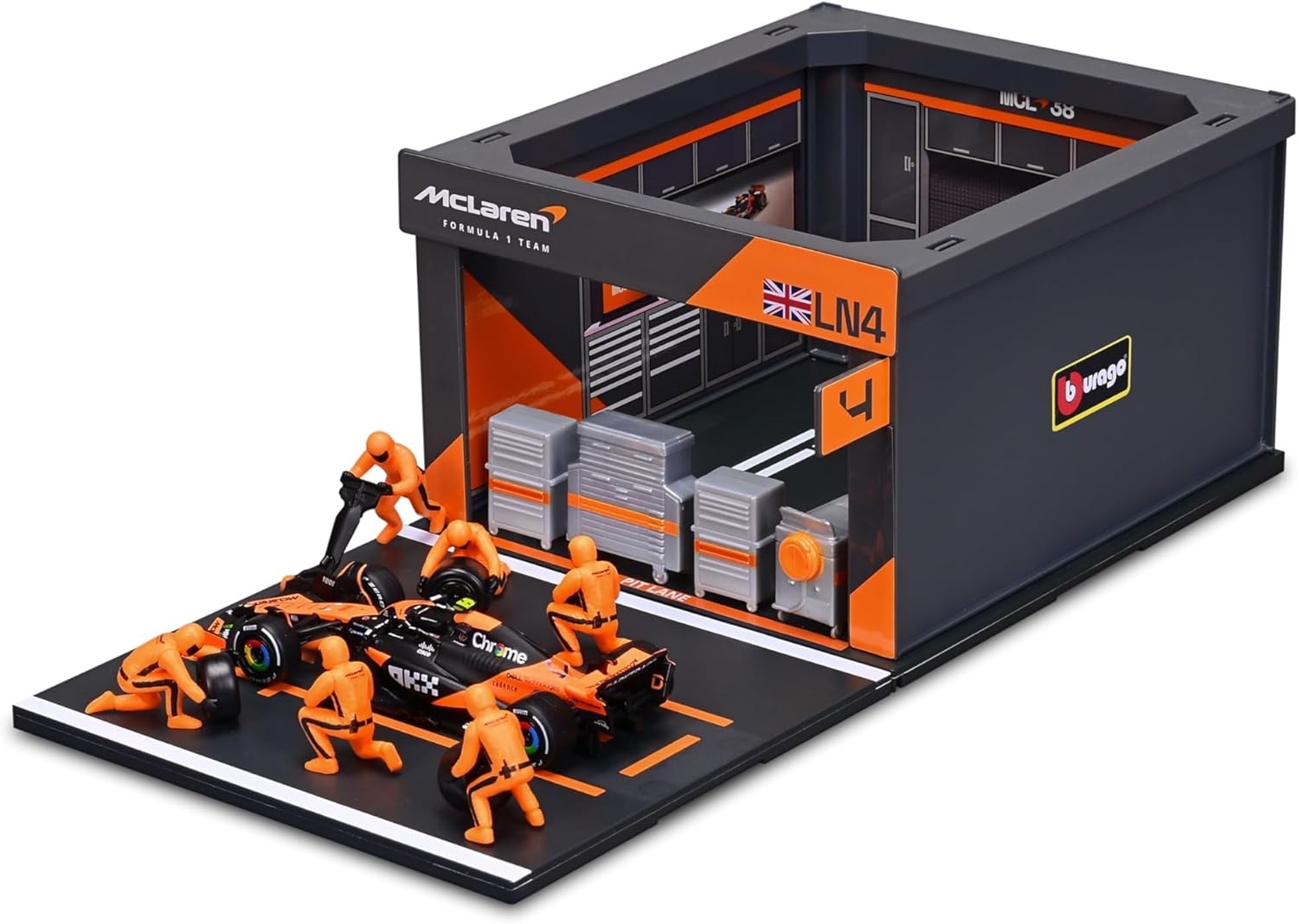 Bburago Diorama-1:43-2024 Formula Race McLaren MCL38 Pit Pass Paddock Set, Norris 