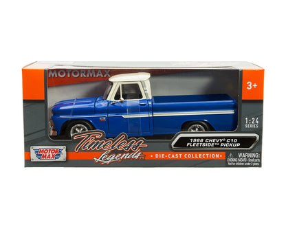 1966 Chevrolet C10 Fleetside Pickup – Bleu avec toit blanc – Motormax 1:24 Timeless Legends – 73355AC-BLWH