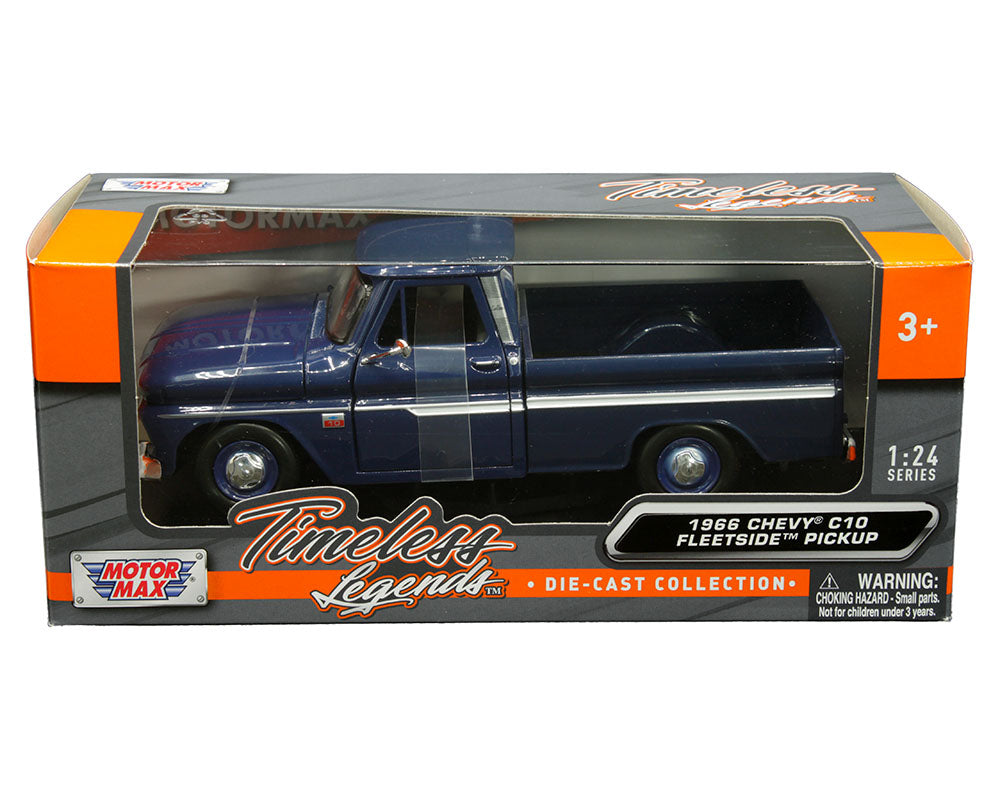 1966 Chevrolet C10 Fleetside Pickup – Bleu foncé – Motormax 1:24 Timeless Legends – 73355AC-DKBL