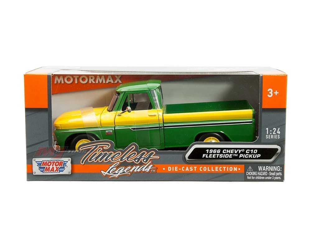 1966 Chevrolet C10 Fleetside Pickup – Vert/Jaune – Motormax 1:24 Timeless Legends – 73355AC-DEERE