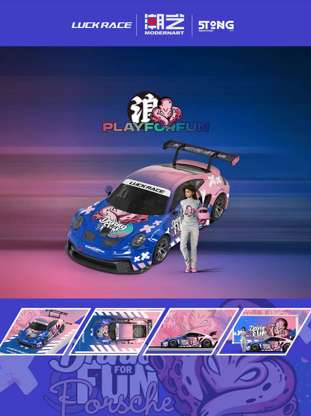 ModernArt 1:64-Porsche 911 GT3 w/Figurine &amp; Container-LUCK RACE MD647308-2