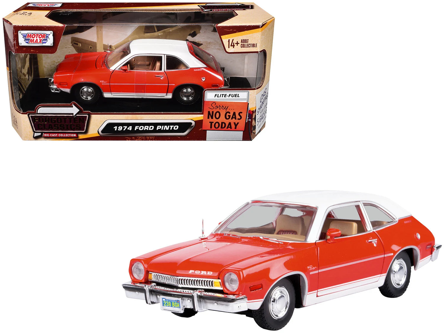 1974 Ford Pinto – Orange avec toit blanc – Motormax 1:24 Forgotten Classics – 79044OR