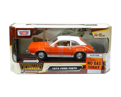 1974 Ford Pinto – Orange avec toit blanc – Motormax 1:24 Forgotten Classics – 79044OR
