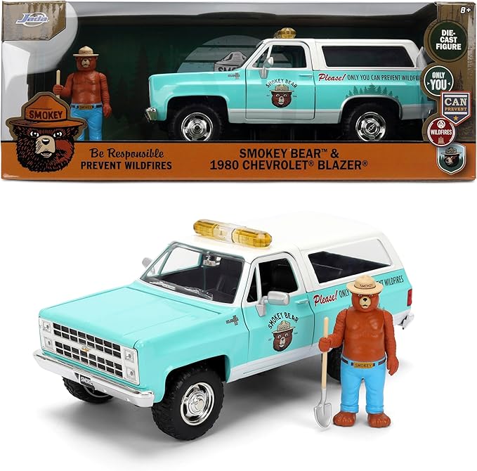 Jada 1:24 Chevrolet Blazer 1980 avec figurine Smokey Bear – Vert clair et blanc – Hollywood Rides – JD36294