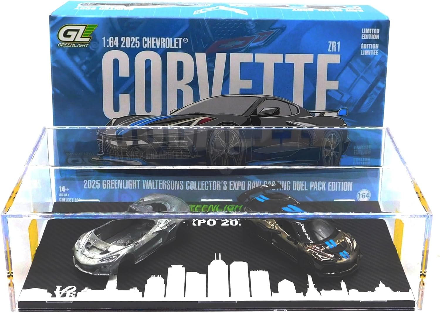 GreenLight Waltersons Collector’s Expo Exclusive 1:64 2025 Chevrolet Corvette C8 ZR1 Black with Blue Stripes and Raw Casting GL51683-A