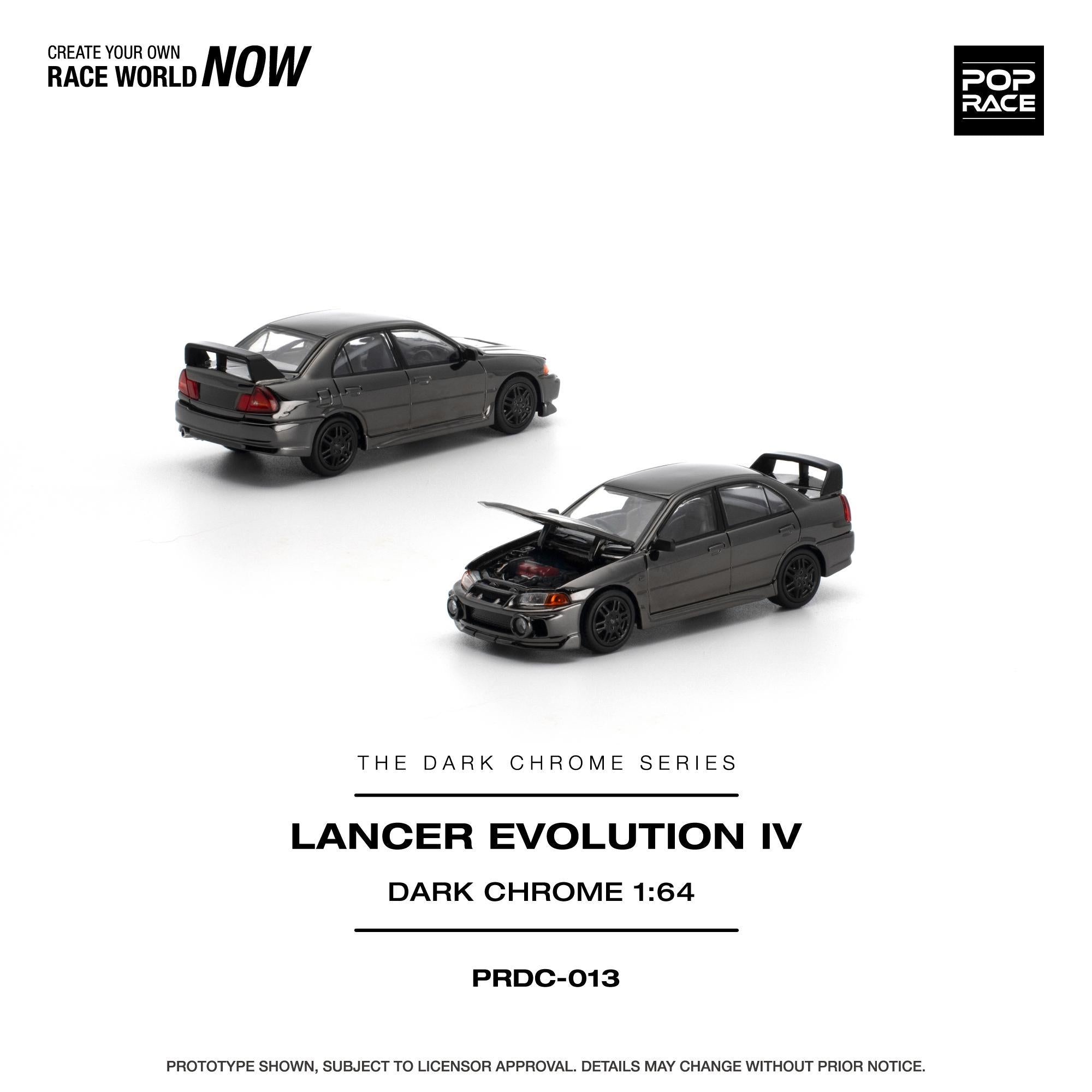 (PRE-ORDER 2026) Lancer Evolution IV chrome foncé – POPRACE 1:64 PRDC013