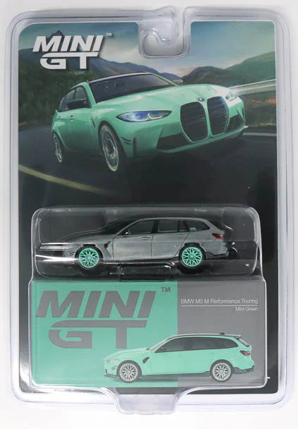 CHASE CAR Mini GT BMW M3 Touring G81 M Performance – Chrome Silver with Green Wheels (MGT00897-BLC-CHASE)