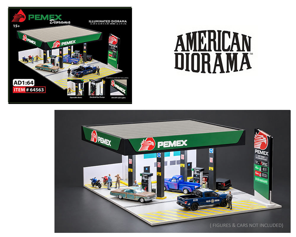 (PRE-ORDER 2026/2027) American Diorama 1:64 PEMEX Gas Station – Illuminated LED Diorama – AD-64563