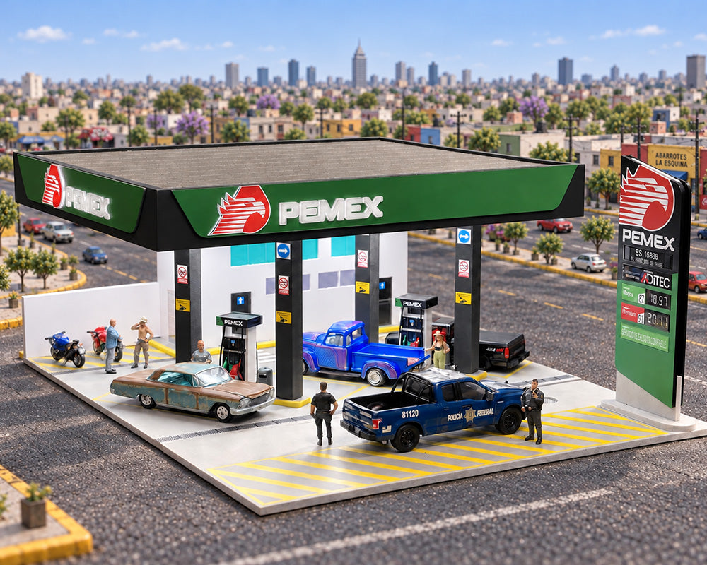 (PRE-ORDER 2026/2027) American Diorama 1:64 PEMEX Gas Station – Illuminated LED Diorama – AD-64563