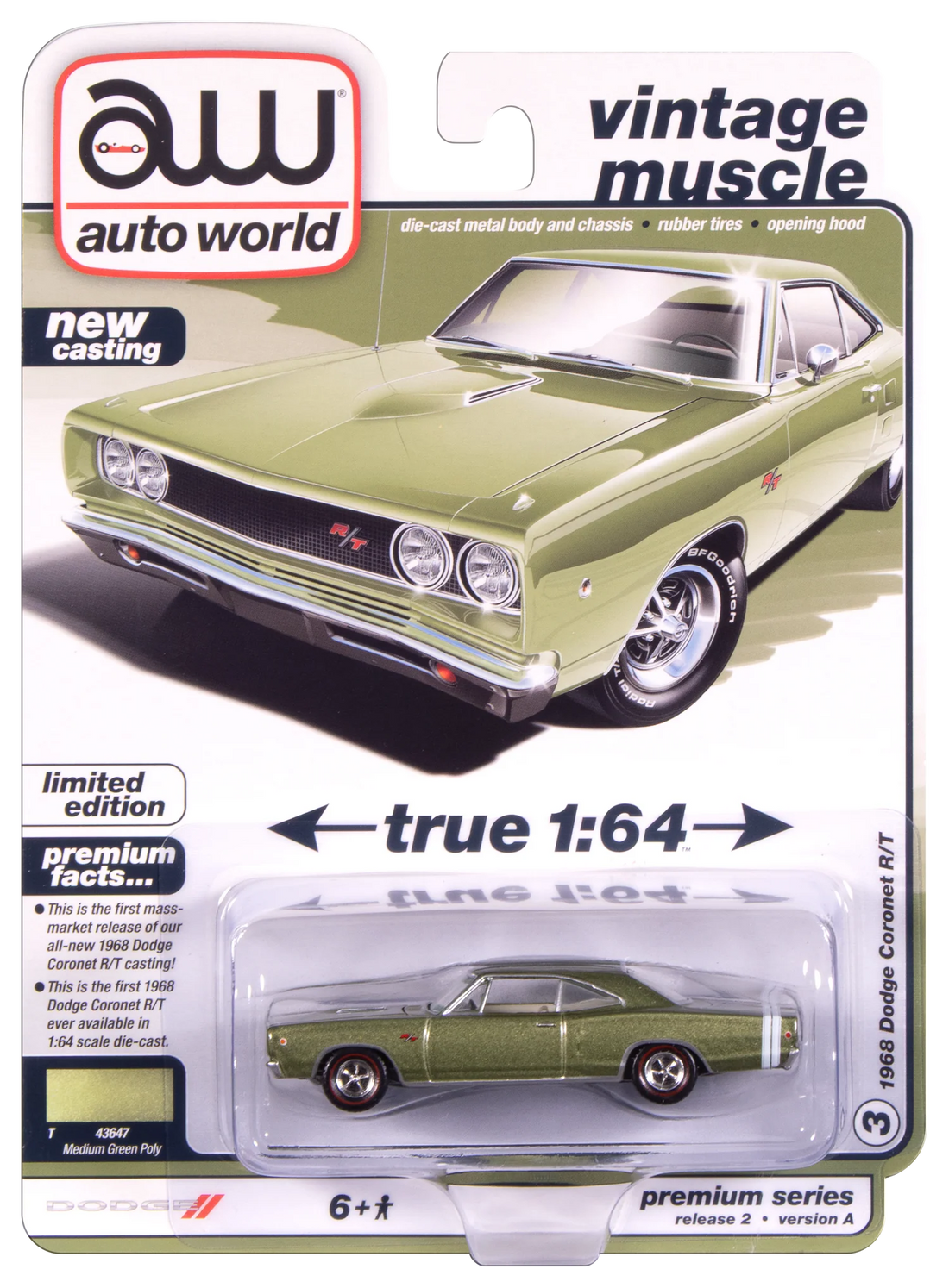 Auto World-1968 Dodge Coronet R/T Hardtop in Medium Green Poly (AWSP194-A)