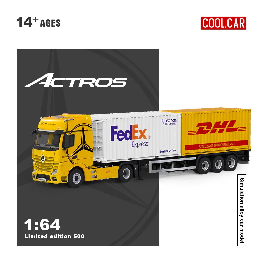 Mercedes-Benz Actros Camion Porte-Conteneur Jaune Livrée FedEx et DHL 1:64 – Cool Car CC646739