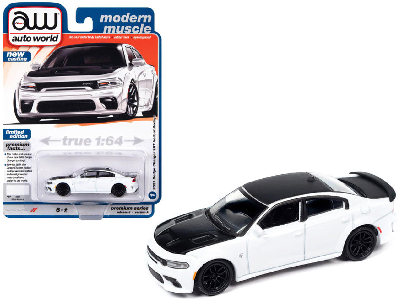 2021 Dodge Charger in White Knuckle with Flat Black Hood, Roof and Trunk by Auto World 1/64