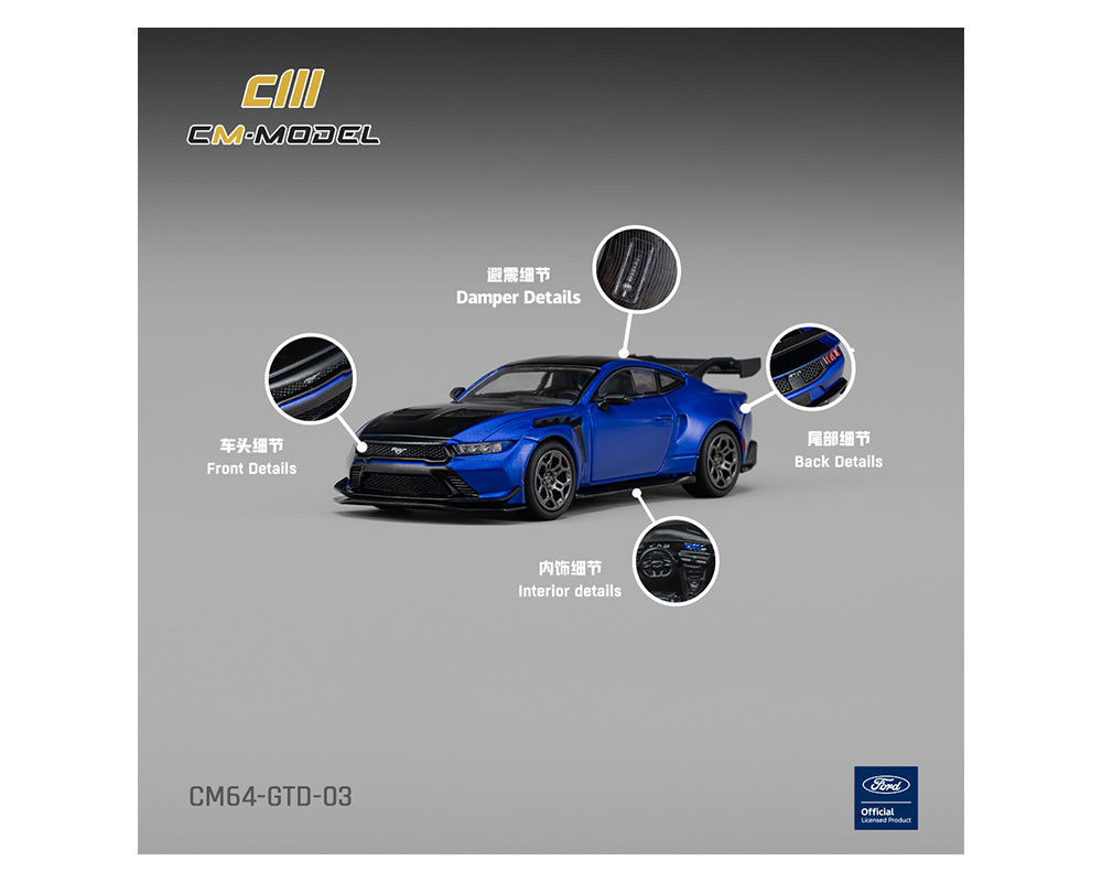 (PRE-ORDER 2027) CM Model 1:64 Ford Mustang GTD Lightning Blue avec capot Vivid Black – CM64-GTD-03