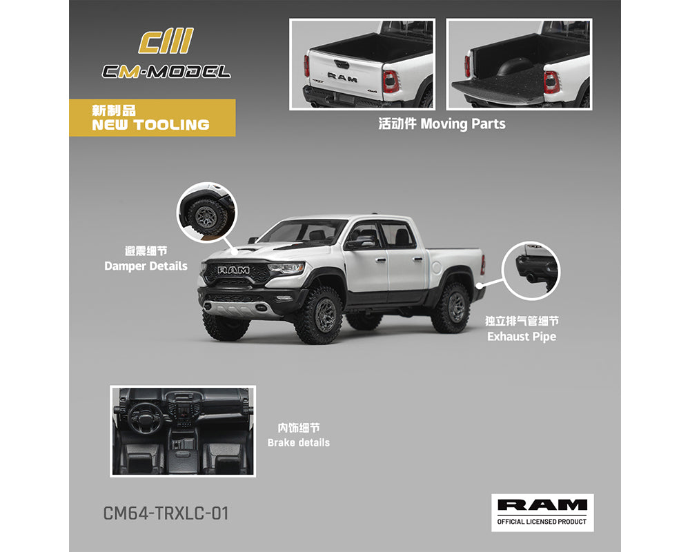 (PRE-ORDER 2026/2027) CM Model 1:64 2024 Dodge Ram 1500 TRX 6.2L Supercharged V8 – Final Edition Stellantis Diamond – White Crystal Pearl – Mijo Exclusives Limited Edition CM64-TRXLC-01MJ