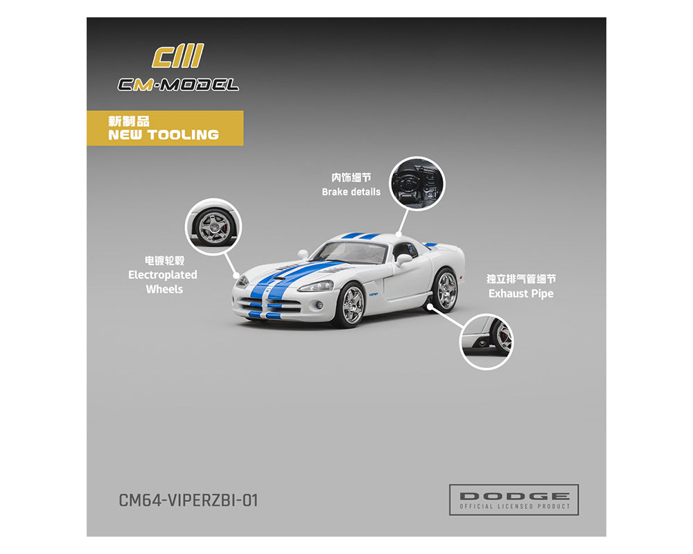 (PRE-ORDER 2026) Dodge Viper ZBI Stone White avec bandes bleues - CM Model 1:64 - CM64-VIPERZBI-01