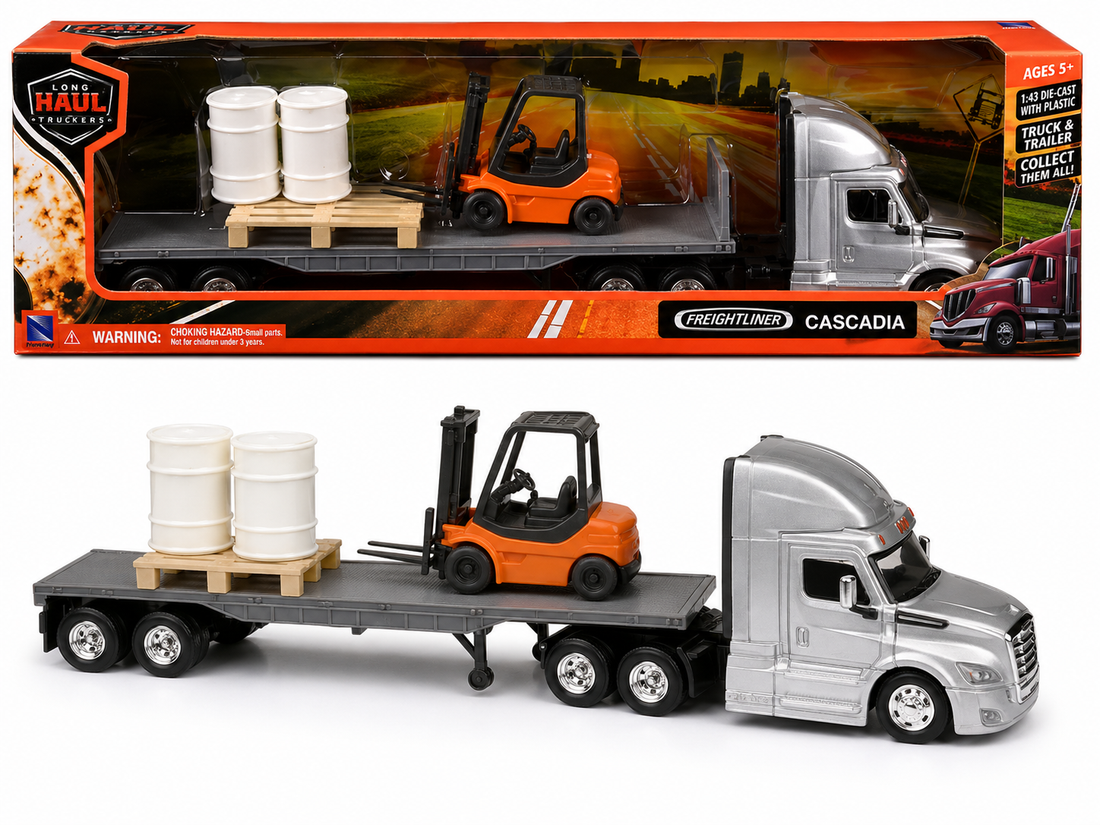 Freightliner Cascadia – Plateau avec chariot élévateur et barils