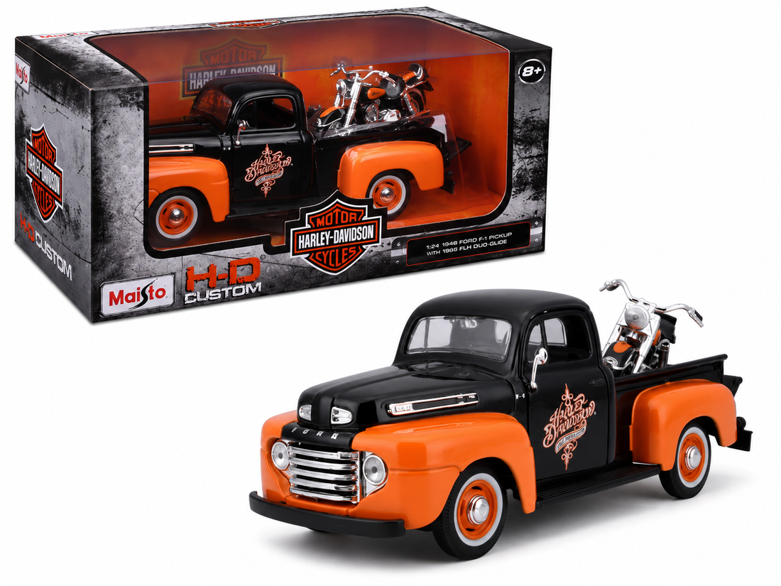 Maisto 1:24 Ford F1 Pickup 1948 avec Harley-Davidson FLH Duo Glide – H-D Custom – 32180BKOR