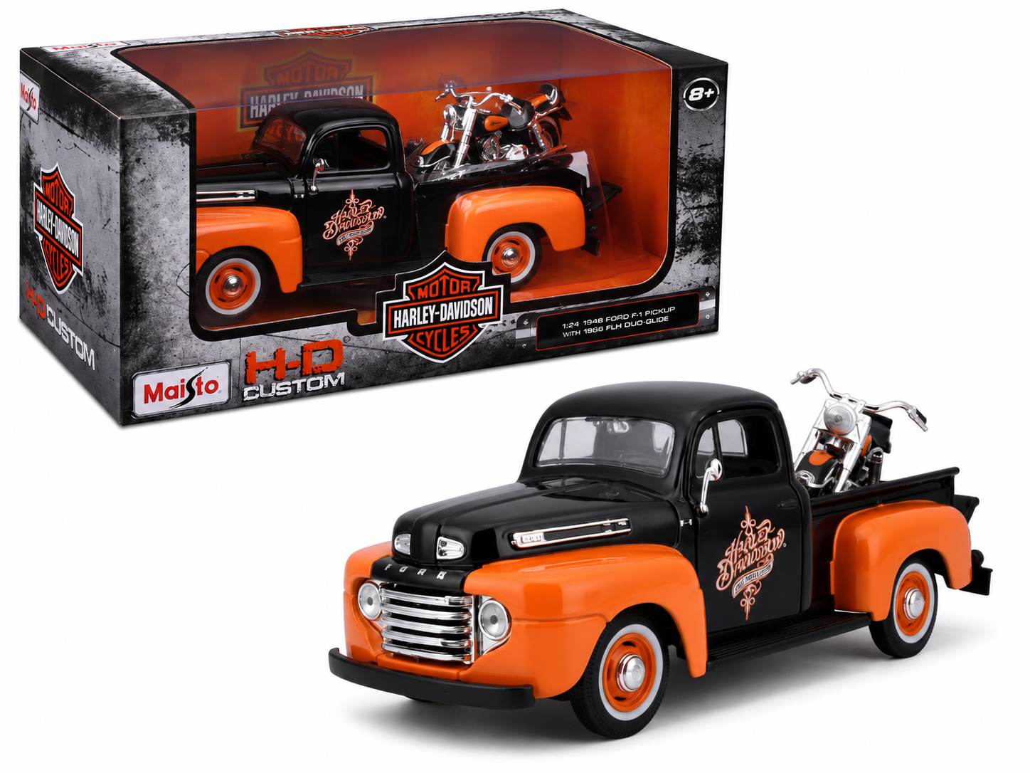 Maisto 1:24 Ford F1 Pickup 1948 avec Harley-Davidson FLH Duo Glide – H-D Custom – 32180BKOR