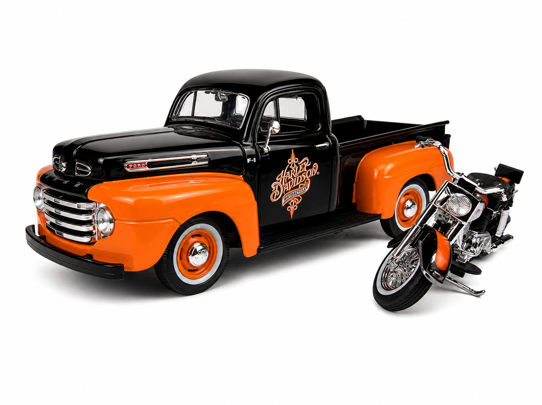 Maisto 1:24 Ford F1 Pickup 1948 avec Harley-Davidson FLH Duo Glide – H-D Custom – 32180BKOR