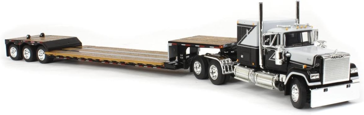 Mack Super-Liner with 60" Flat Top Sleeper and Fontaine Renegade LXT40 Lowboy Trailer with Flip Axle in Black and Grey