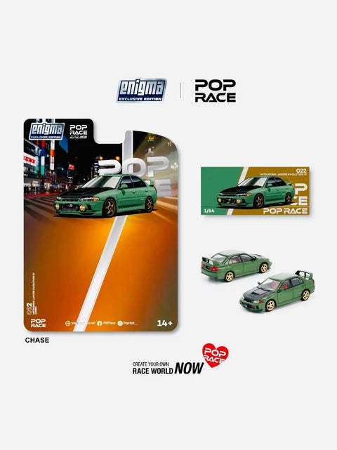 CHASE CAR POP RACE x Enigma 1:64 Mitsubishi Lancer Evolution IV – Vert – Capot carbone – PRE022-CHASE