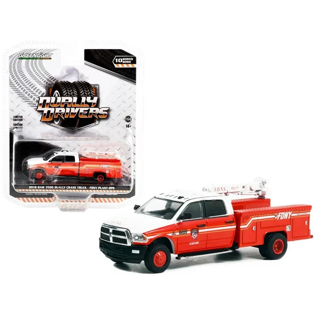 2018 Ram 3500 Dually Crane Truck Red and White with Stripes FDNY 1/64