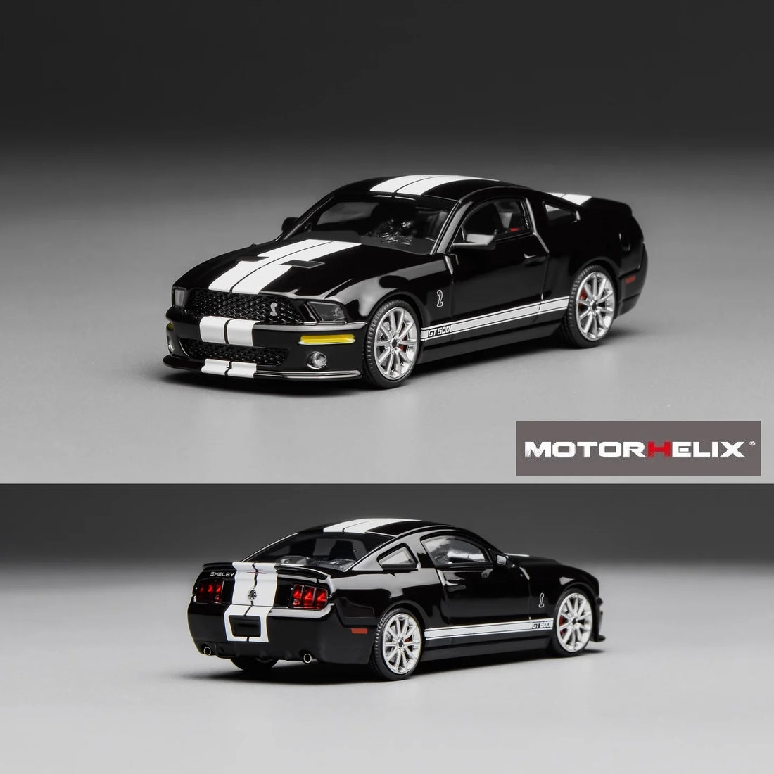 Motorhelix x Greenlight 1:64 Ford Mustang Shelby GT500 2007 noire avec bande blanche GL-1251005B