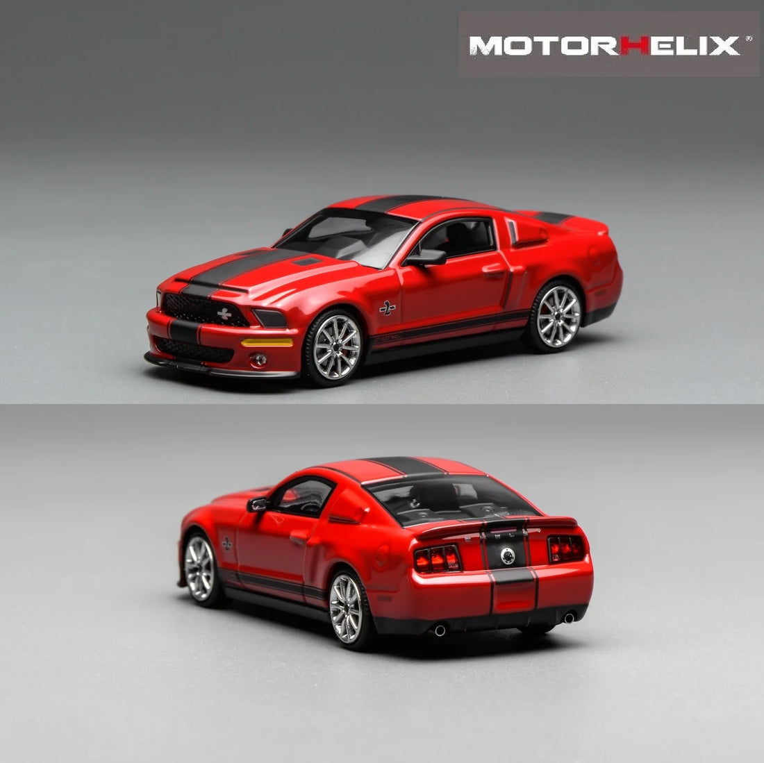 Motorhelix x Greenlight 1:64 Ford Mustang Shelby GT500 Super Snake 2007 rouge avec bande noire GL-1251006B