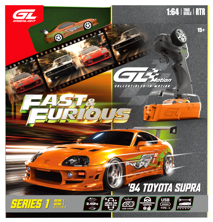 (PRE-ORDER 2027) GreenLight GL Motion 1:64 Toyota Supra 1994 orange de Brian – Fast &amp; Furious – Voiture télécommandée avec télécommande – GLM-INT-613052