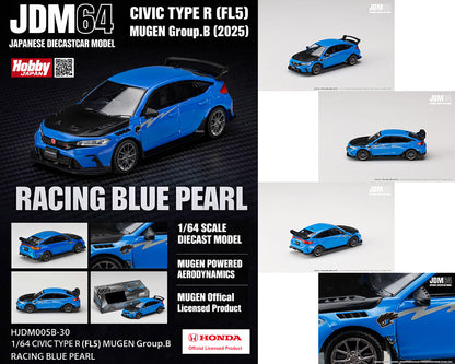 (PRE-ORDER 2026) Hobby Japan 1:64-Honda Civic Type R (FL5) MUGEN Group B 2024 – Racing Blue Pearl HJDM005B-30