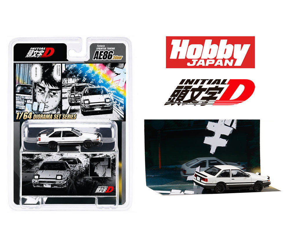 (PRE-ORDER 2026) Hobby Japan 1:64 Initial D Diorama Set Toyota Sprinter Trueno (AE86) 2-Door Shinji Inui VS Takumi Fujiwara – HJDMD013
