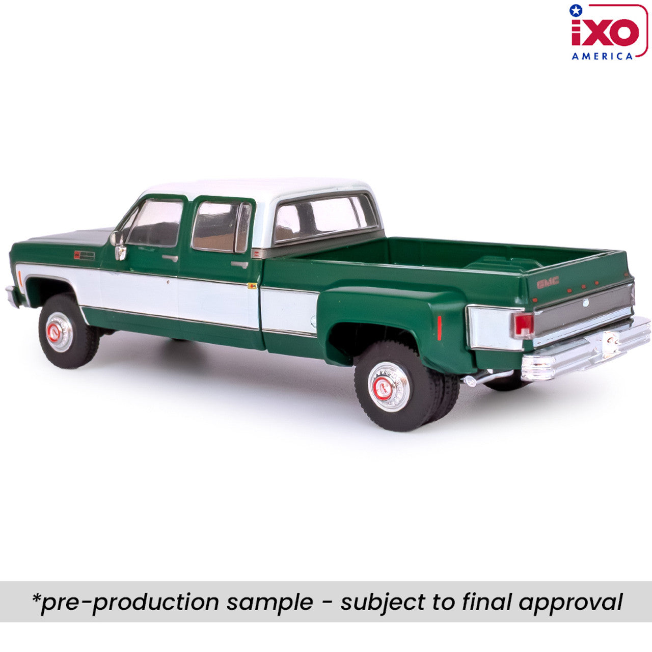 (PRE-0RDER 2025) 1973 GMC Sierra Grande 3500 Crew Cab Dually - Glenwood Green and Frost White (1:64)