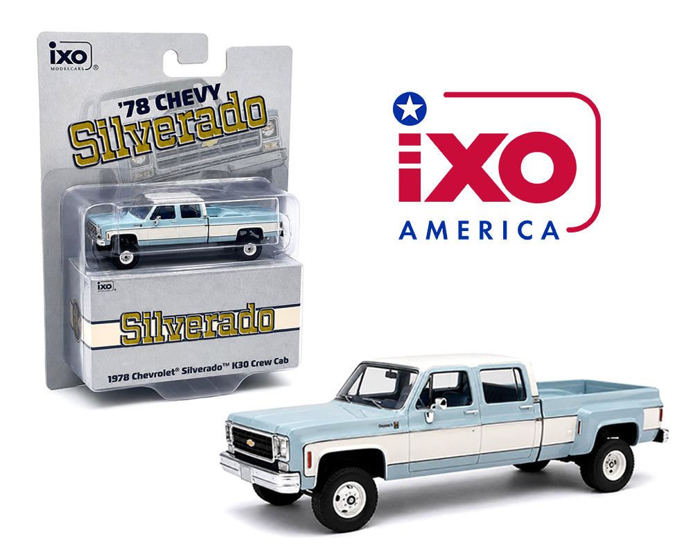 1978 Chevrolet Silverado K30 Crew Cab Fleetside Lifted - Light Blue and Frost White (1:64)