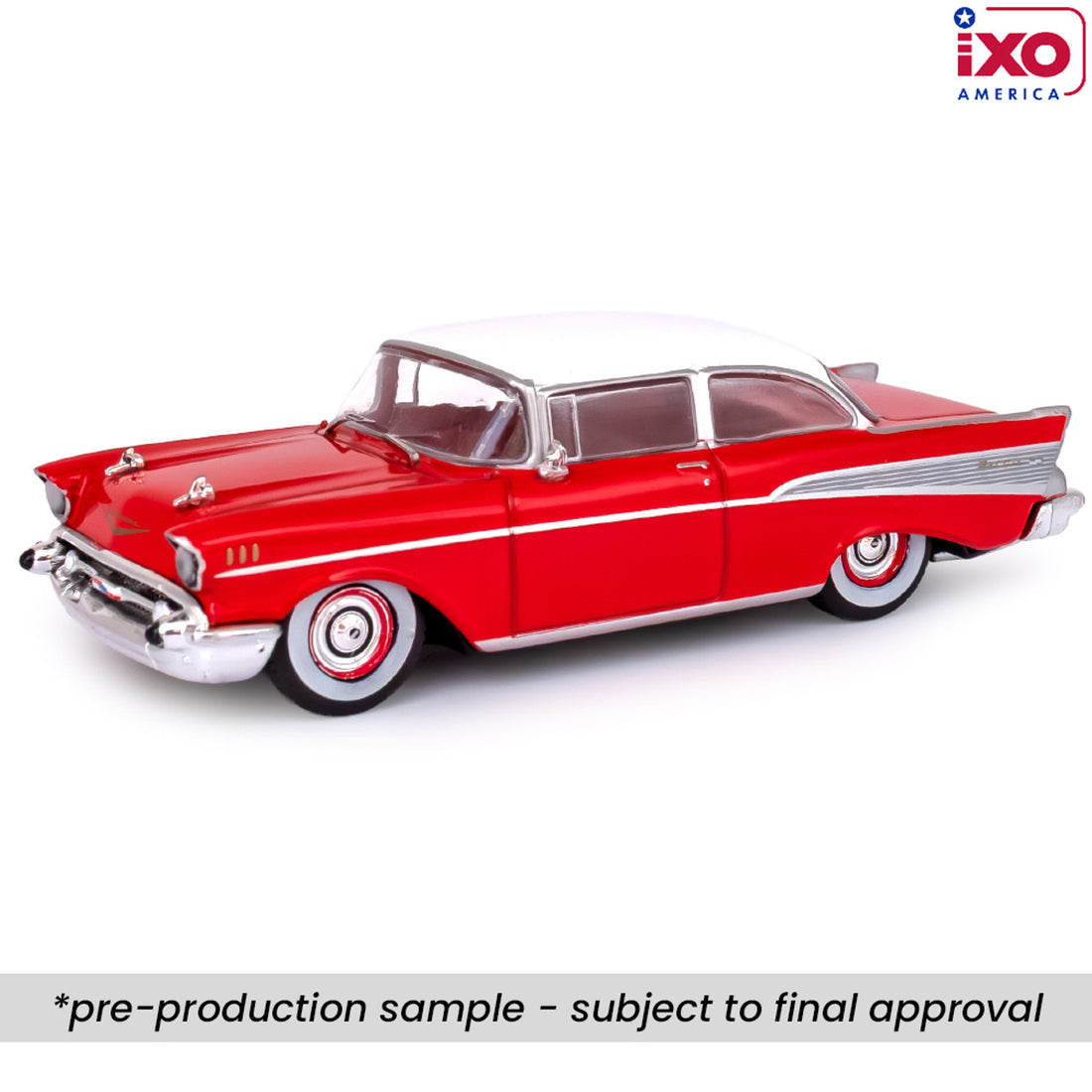 (PRE-0RDER 2025) 1957 Chevrolet Bel Air Sedan - Matador Red and India Ivory (1:64)