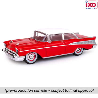 (PRE-0RDER 2025) 1957 Chevrolet Bel Air Sedan - Matador Red and India Ivory (1:64)