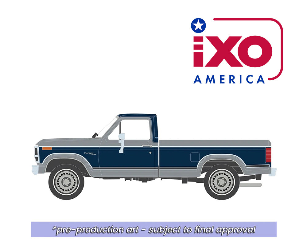 Titre du produit : (PRE-ORDER 2026/2027) IXO America 1:64 Ford F-150 Ranger XLT Short Bed 1980 – Silver Metallic / Midnight Blue Metallic – Édition limitée IA64045
