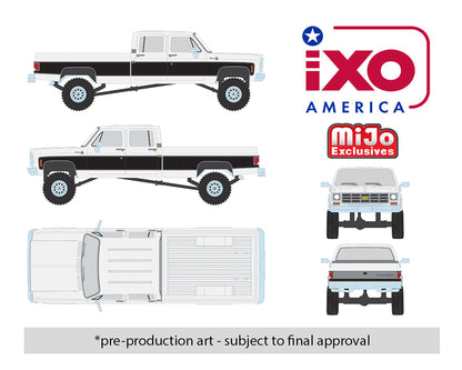 IXO America 1:64 – 1978 Chevrolet Silverado K30 Crew Cab Fleetside Lifted – White w/ Black Two Tone