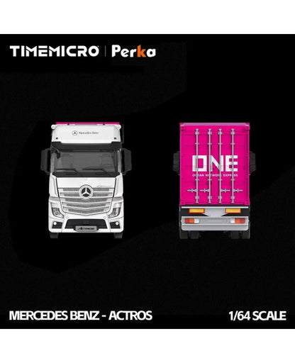 Mercedes-Benz Actros Container Truck White/Pink 1:64 – TimeMicro &amp; Perka TM646743
