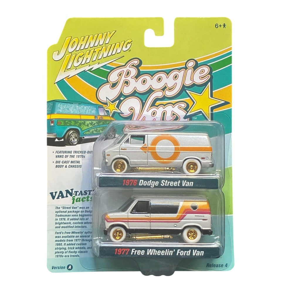 CHASE CAR – Johnny Lightning 1:64 Boogie Vans Release 4 Version A Duo Pack – 1976 Dodge Street Van &amp; 1977 Ford Free Wheelin’ Van – White / Gold Wheels – JLPK015-4A-CHASE