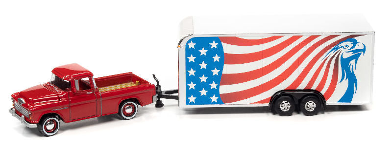 1955 Chevy Cameo Pickup Truck in Red with Enclosed Car Trailer