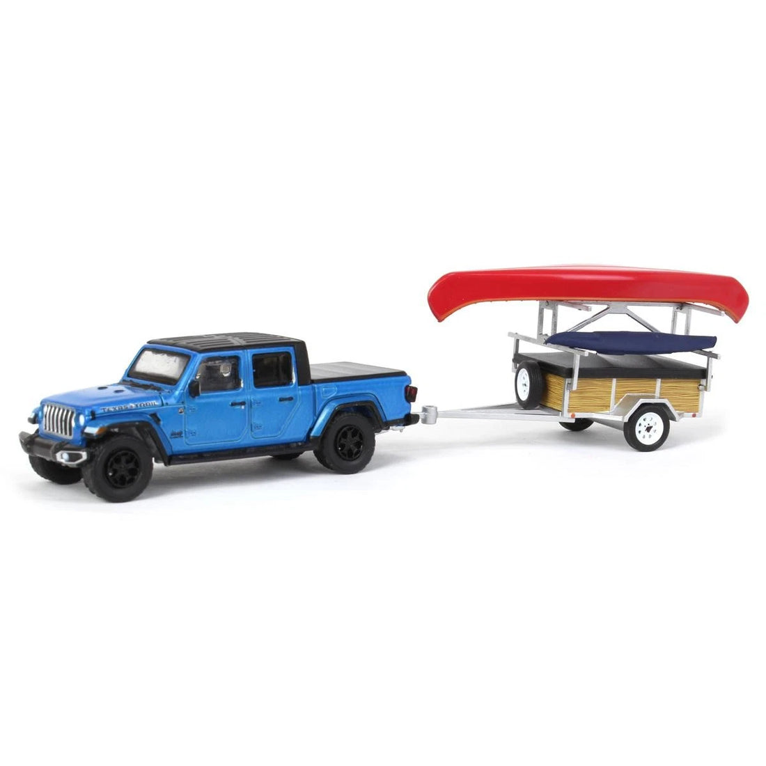 2021 Jeep Gladiator Texas Trail Limited Edition in Hydro Blue Pearl Coat and Canoe Trailer with Canoe Rack, Canoe, and Kayak