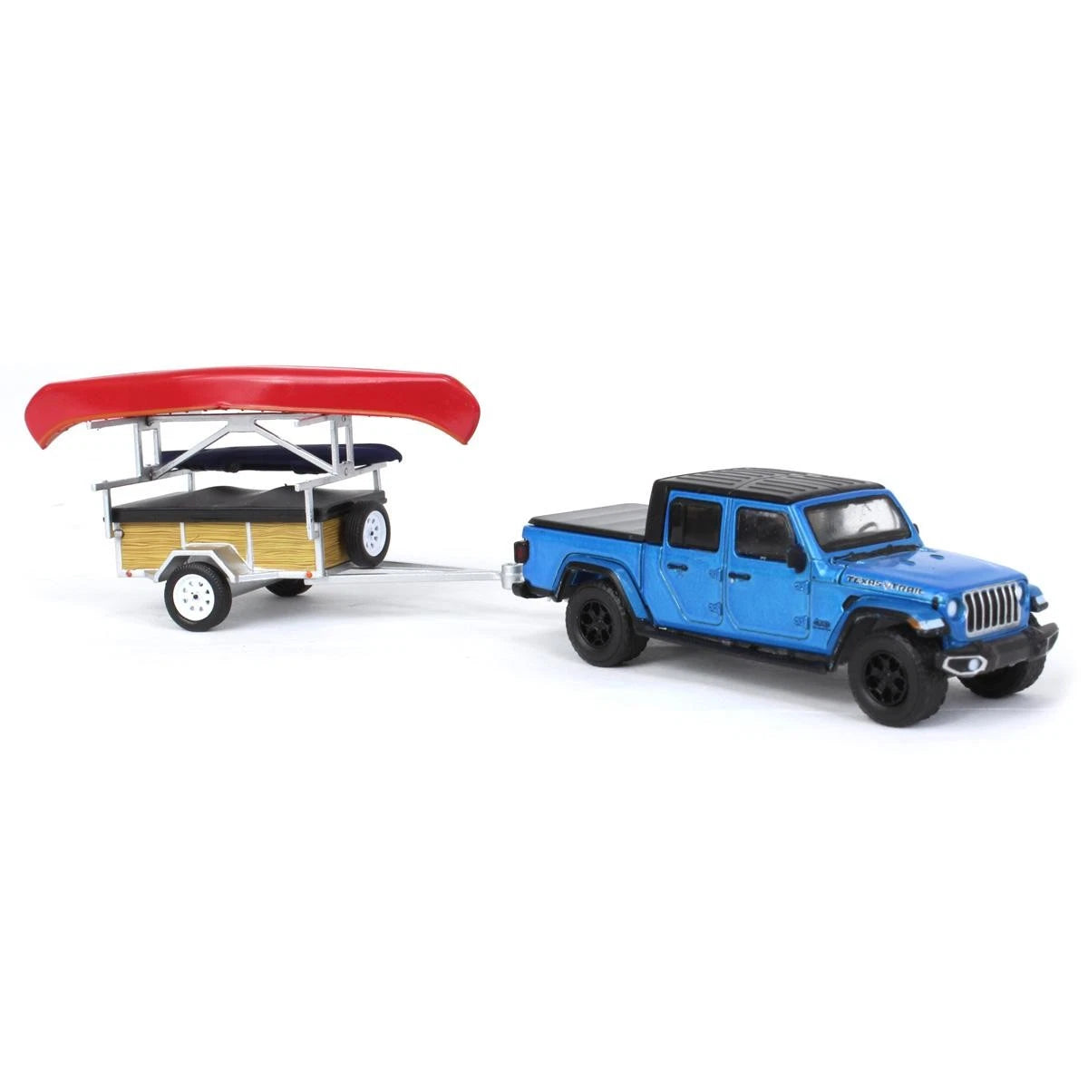 2021 Jeep Gladiator Texas Trail Limited Edition in Hydro Blue Pearl Coat and Canoe Trailer with Canoe Rack, Canoe, and Kayak