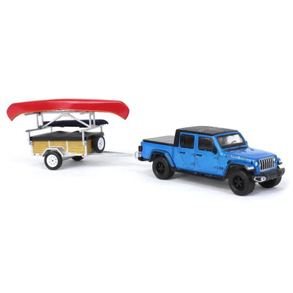 2021 Jeep Gladiator Texas Trail Limited Edition in Hydro Blue Pearl Coat and Canoe Trailer with Canoe Rack, Canoe, and Kayak