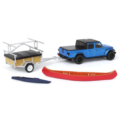2021 Jeep Gladiator Texas Trail Limited Edition in Hydro Blue Pearl Coat and Canoe Trailer with Canoe Rack, Canoe, and Kayak