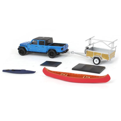2021 Jeep Gladiator Texas Trail Limited Edition in Hydro Blue Pearl Coat and Canoe Trailer with Canoe Rack, Canoe, and Kayak