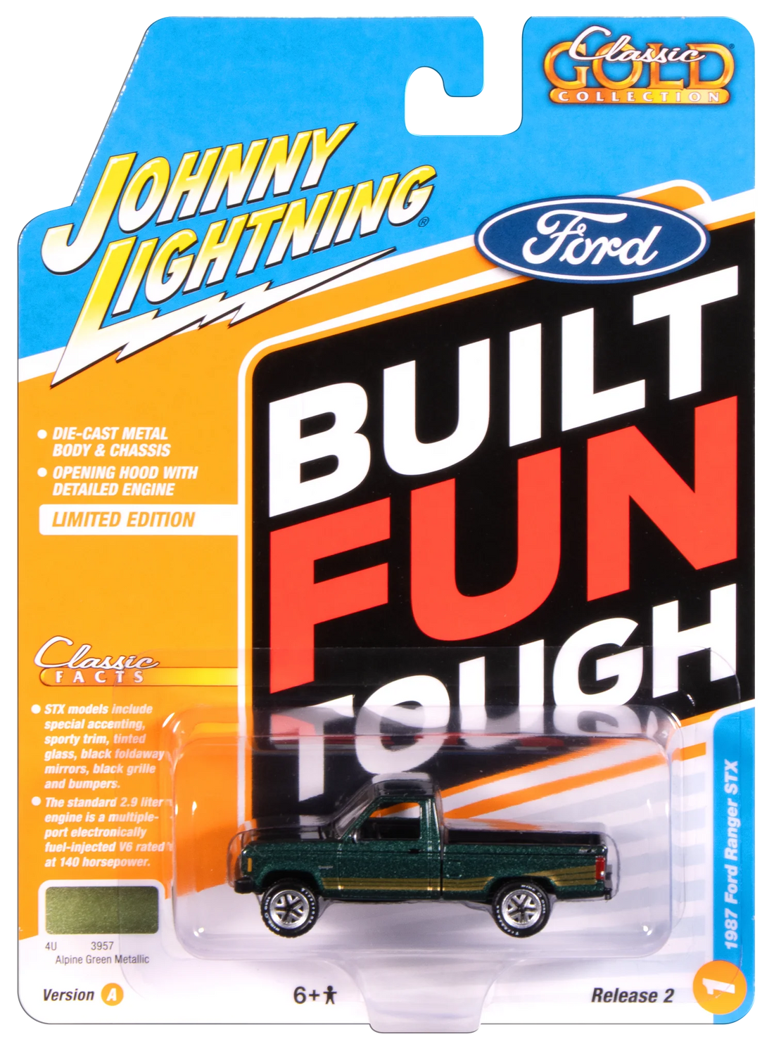 Johnny Lightning-1987 Ford Ranger STX (Alpine Green W/ Gold STX Stripes) JLCG037-1